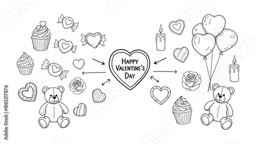 Valentine's Day Line Art: Delightful hand-drawn illustrations featuring a heart-shaped centerpiece with Happy Valentine's Day, surrounded by an array of charming elements.