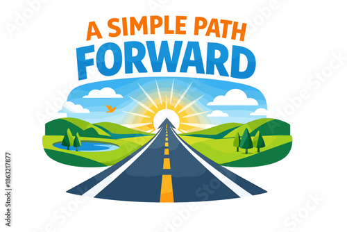 A simple path forward with road leading to sunrise in scenic landscape
