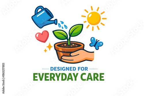 Garden care with plant, watering can, sun, and hand