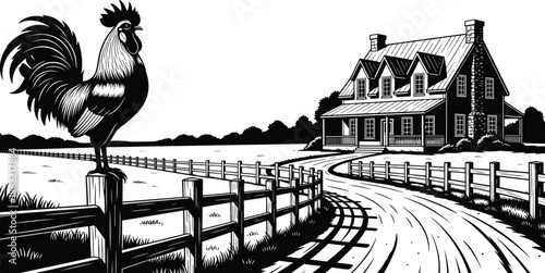 Rustic Black and White Farm Scene Illustration Featuring Rooster Silhouette on Fence Winding Road and Country Cottage in High Contrast