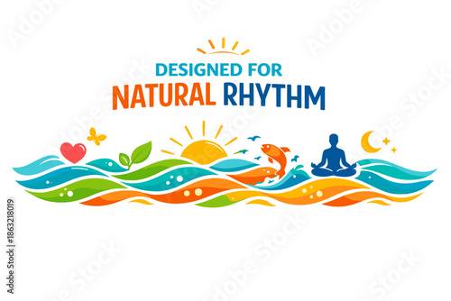 Colorful waves with sun, moon, fish, and meditation silhouette