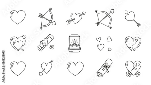 Love's Symbolic Collection: A collection of heart and love symbols, including arrows, bows, scrolls, and rings, embodying romance and affection. A delicate black and white depiction