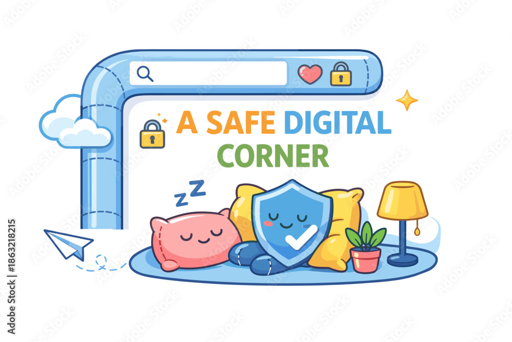 Fototapeta premium Cozy digital security concept with cute characters and secure internet elements