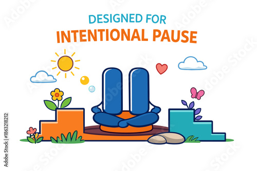 Mindful meditation concept with cartoon characters and nature elements