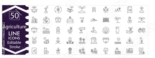 Agriculture icons eps set, farming crops, plants, soil, tractor, irrigation, organic food, harvest, growth, rural agriculture design editable stroke vector Illustration