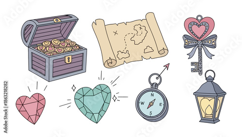 Treasure and Treasures Illustration: A captivating illustration that embodies the essence of discovery and hidden wealth, showcasing a chest overflowing with gold, an old map, sparkling gemstone.