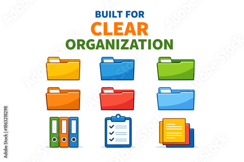 Colorful folder and office supply icons for organization and filing