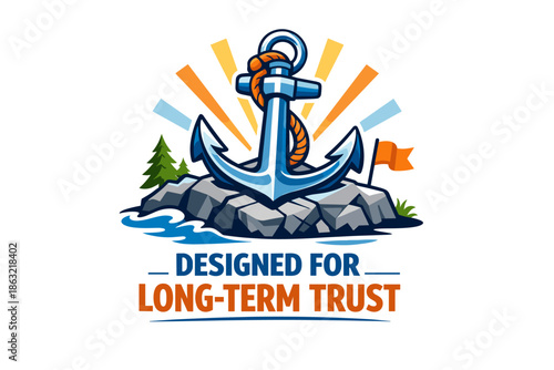 Anchor symbol on rocky island emphasizing long-term trust and stability