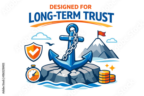 Long-term trust concept with anchor, mountain, and stopwatch