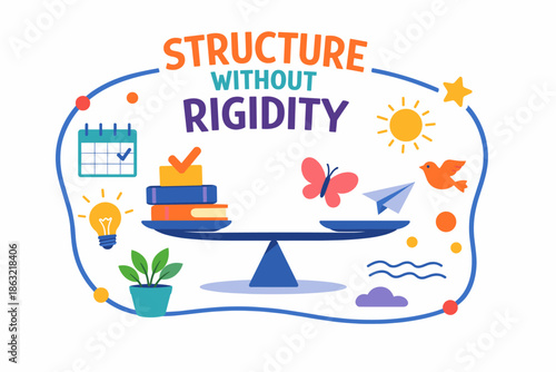 Balanced life concept with books, paper airplane, and nature symbols