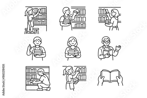 Collection of line art icons depicting people with books and bookshelves