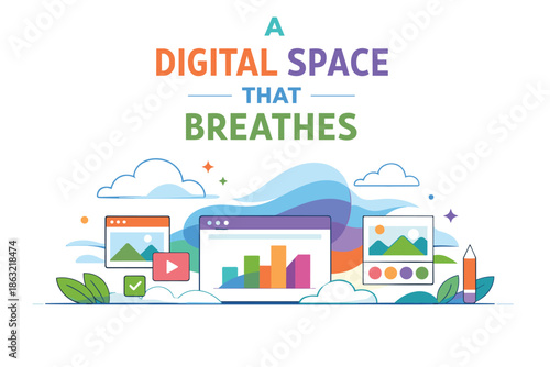 Colorful digital landscape concept with graphs and icons