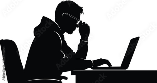 Silhouette of Focused Person Working on Laptop at Desk, Calm Mood, One-Panel Productivity and Tech Vector Illustration Design