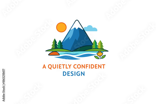 Tranquil mountain landscape with sun, lake, and trees