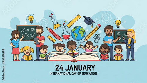 International day of education on january 24th, cartoon children and teachers with school supplies