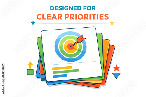 Colorful target graphic with arrow and geometric symbols emphasizing clear priorities