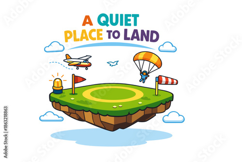 Cartoon island with airplane and parachute landing on floating platform