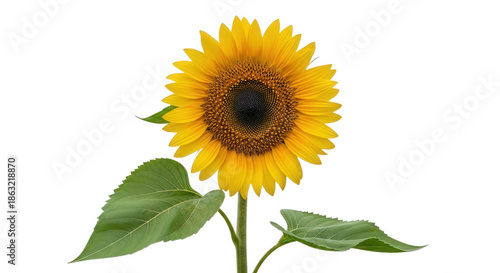 Sunflower with green leaves and yellow petals isolated on transparent background