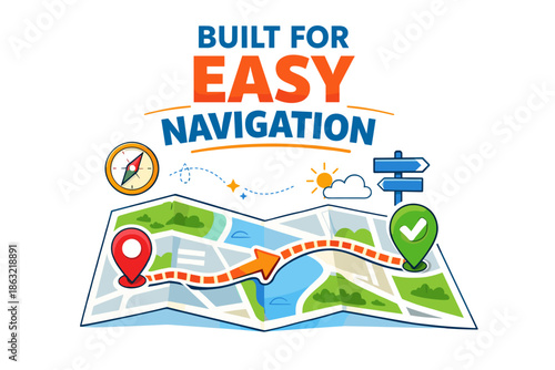 Colorful map with route and navigation symbols for easy travel guidance