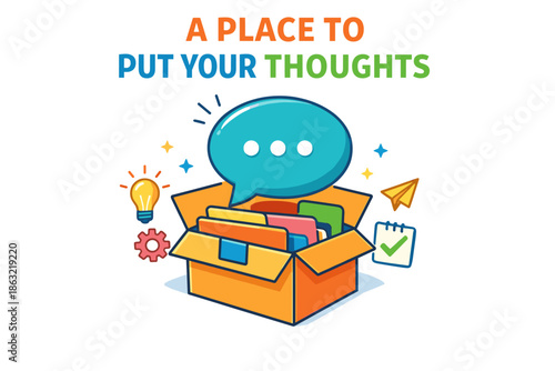 Box of ideas and thoughts with speech bubble and office icons