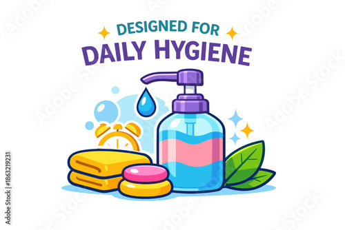 Colorful daily hygiene essentials with soap dispenser and cleanliness iconography