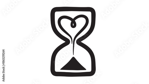 Minimalist black hourglass icon with a heart-shaped top chamber, bold outline, sand pile at bottom, vector illustration on white background