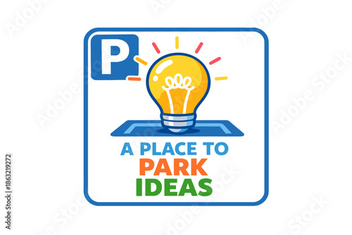 Creative idea parking: bright lightbulb symbol with colorful rays and parking sign
