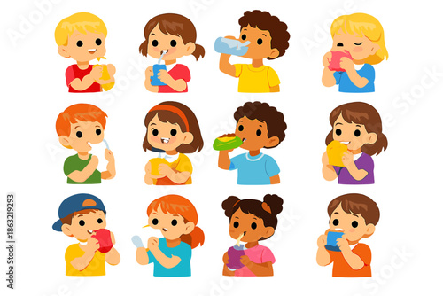 Cute cartoon children drinking and eating happily