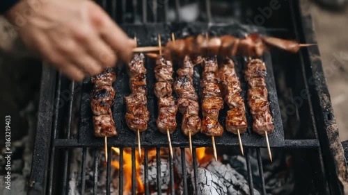 Wallpaper Mural Grilling skewers overhead view with hands preparing food cooking outdoors Torontodigital.ca