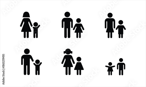 Various black silhouette stick figure icons show parents standing together with their young children