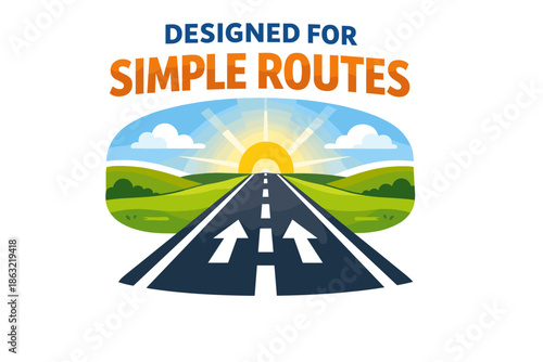 Simple routes graphic with scenic sunrise and open road design