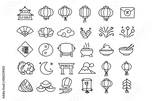 Collection of Asian cultural icons in outline style