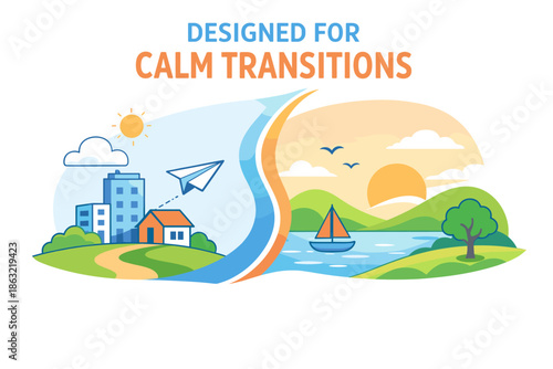 Serene transition from urban landscape to peaceful countryside scene