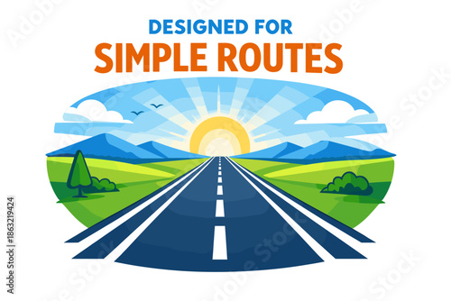 Simple routes design: picturesque sunrise over open road with mountains