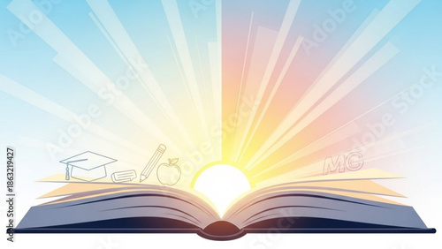 Vibrant illustration of an open book with graduation cap, apple, and pencil on a radiant sunny background