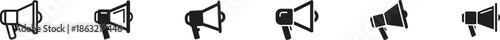 A row of six black megaphone icons on a white background used for communication and announcement