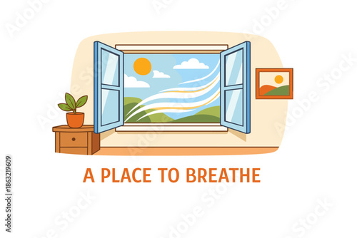 Open window scenic view with rolling hills, blue skies, and warm sunlight