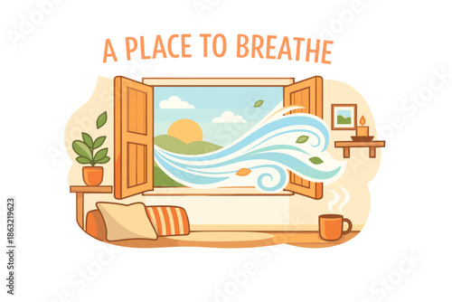 Peaceful morning scene with open window, fresh air, and cozy interior elements
