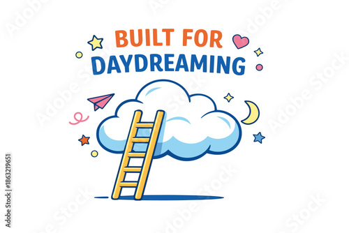 Whimsical cloud ladder with dreamy elements: stars, moon, paper airplane, hearts