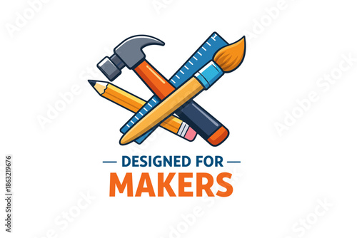 Creative workshop tools: hammer, paintbrush, pencil, and ruler icon