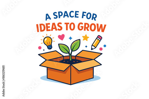 Creative growth concept: plant in box with lightbulb and pencil icons