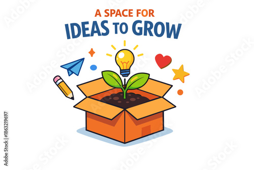 Creative growth symbolized by lightbulb plant in box with inspirational elements