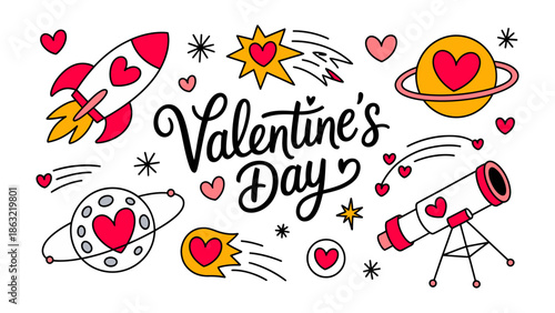 Celestial Valentine: A whimsical assortment of celestial objects, adorned with hearts and the words Valentine's Day, creates a charming and romantic design.