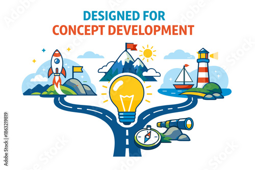 Concept development with lightbulb, rocket, mountain, and lighthouse