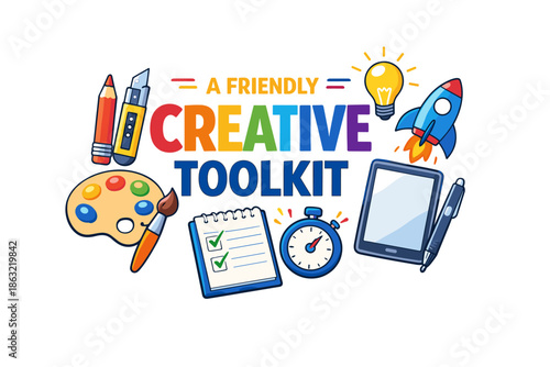 Colorful creative toolkit with art supplies, rocket, and lightbulb