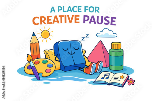 Creative break: cartoon art supplies relaxing in a playful scene