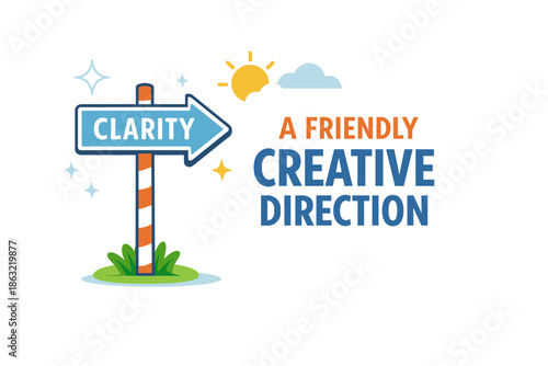 Guidepost to clarity and creative direction with sunny sky and clouds