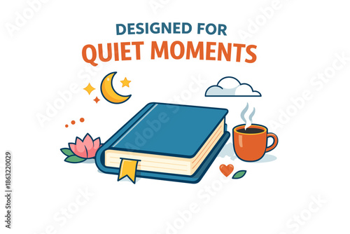 Book, coffee, moon, lotus, cloud, heart, stars, calm reading moment