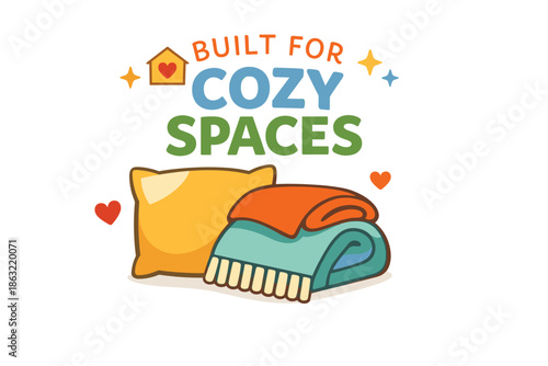 Cozy spaces design: comfortable pillow and blanket with heart and sparkle accents