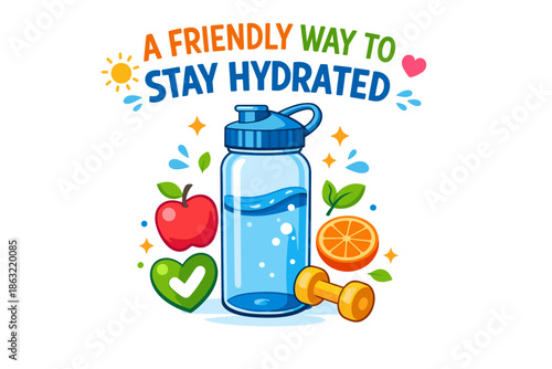 Colorful hydration concept with water bottle, fruits, and fitness elements